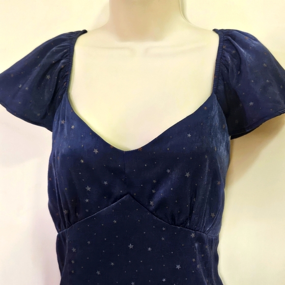 Lark + Grey Navy Blue/Brown Star Print Flutter Sleeve Midi Dress,Large - Picture 5 of 16